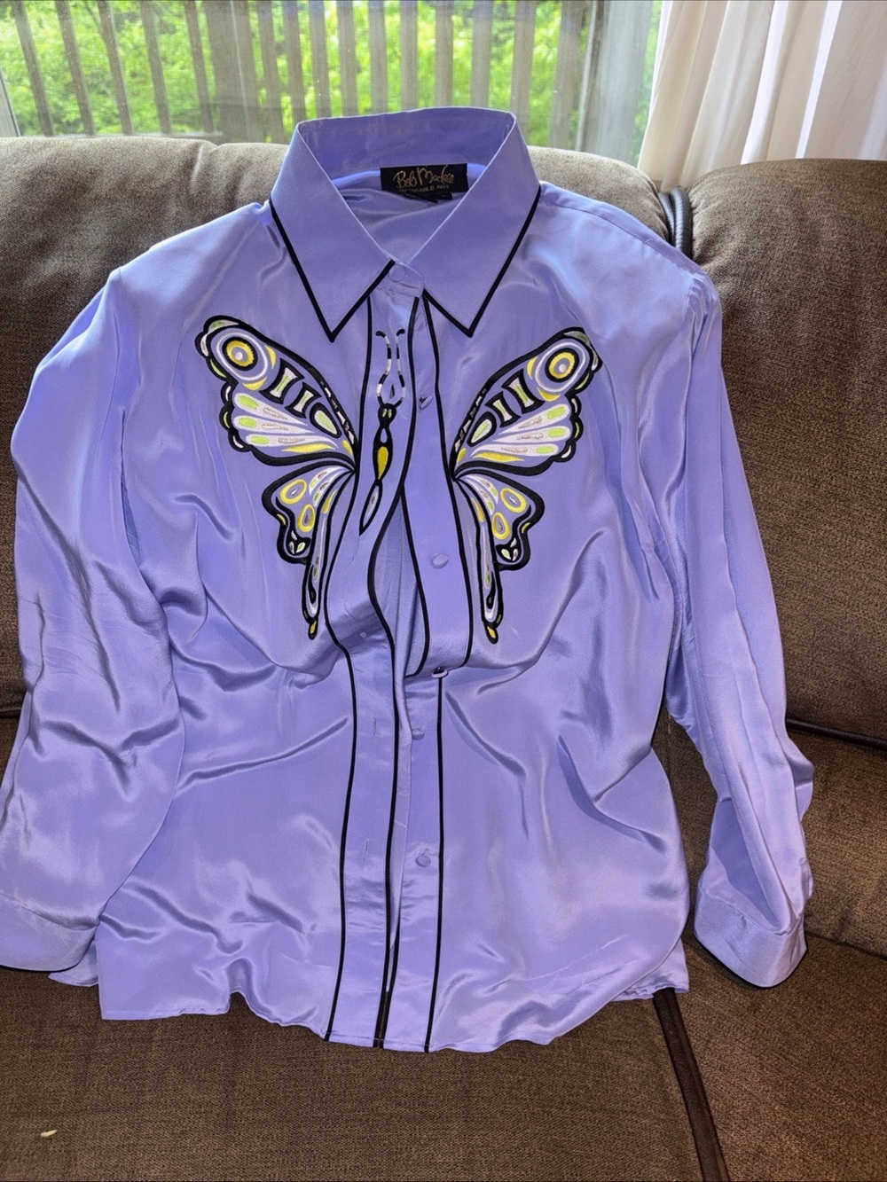 Bob Mackie Wearable Art 100% Silk Butterfly Blouse Purple Button Front Top L Y2K